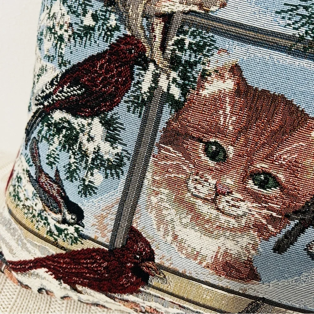 Riverdale Tapestry Pillow Cat Watching Cardinal & Squirrel in Winter Winter Vntg